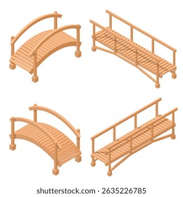 Wooden bridge vector illustrations. 3d isometric set