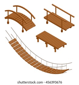 Wooden Bridge Vector Illustrations. Flat 3d Isometric Set