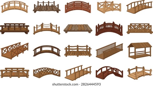 Wooden bridge vector set, diverse timber footbridge designs isolated on white background