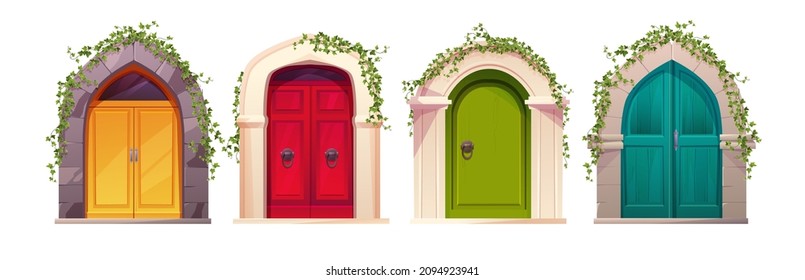 Wooden bright doors with handle, arch and ivy plant. Entrance, gate in a castle, church or house.