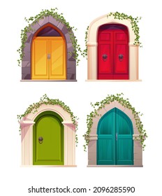 Wooden bright doors with handle, arch and ivy plant. Entrance, gate in a castle, church or house.