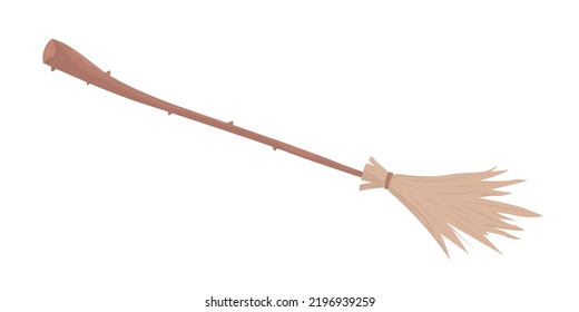 Wooden broom semi flat color vector object. Full sized item on white. Cleaning instrument. Magic flying besom simple cartoon style illustration for web graphic design and animation