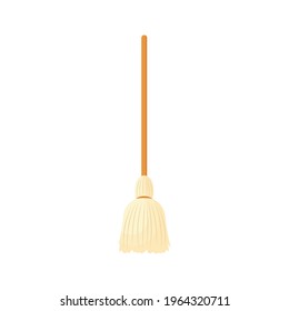 Wooden broom stick, icon isolated on white background. Besom for  cleaning premises or house. Cartoon flat design. Vector illustration.