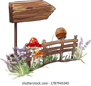 wooden brown arrow sign near old fence, with mushrooms, flower pot and grass, halloween template, vector colorful isolated illustration, hand outline drawing