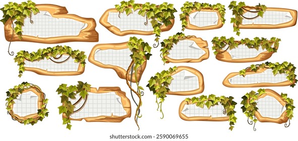 Wooden brown boards with ragged square graph paper, school math sheet. Set 3d vector blank invitations, maps decorated stems hedera helix, ivy, liana, grapes, vine,  jungle plants.