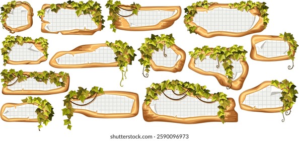 Wooden brown boards with ragged square graph paper, school math sheet. Set 3d vector blank invitations, maps decorated stems hedera helix, ivy, liana, grapes, vine,  jungle plants.