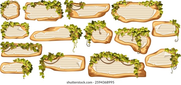 Wooden brown boards with school page in line, ragged graph paper. Set 3d vector blank invitations, maps decorated stems hedera helix, ivy, liana, grapes, vine,  jungle plants.