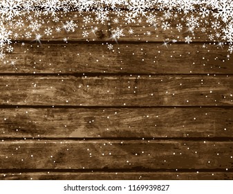 Wooden brown christmas background with snowflakes, vector illustration