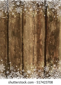 Wooden brown christmas background with snowflakes and stars, vector illustration