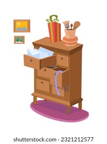 Wooden brown cupboard with drawers. Vector cartoon illustration. Christmas room furniture in vintage style. Isolated objects, objects on white background for design. 