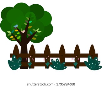 Wooden brown fence and big tree,Hedge Vector illustration