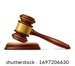 Wooden brown judge gavel, decision glossy mallet for court verdict. 3d realistic vector, isolated on white background. Auction hammer with gold on the stand. Law and justice system symbol.