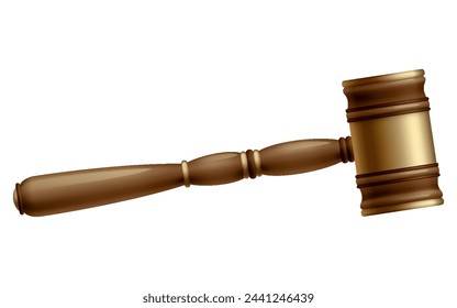 Wooden brown judge gavel, decision glossy mallet for court verdict. 3d realistic vector, isolated on white background. Auction hammer with gold on the stand. Law and justice system symbol