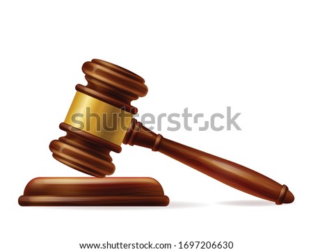 Wooden brown judge gavel, decision glossy mallet for court verdict. 3d realistic vector, isolated on white background. Auction hammer with gold on the stand. Law and justice system symbol.