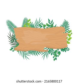 Wooden brown signboard and green leaf behind vector illustration isolated on editable white background