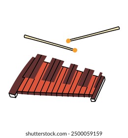 Xilófono marrón de madera y palos de madera en un estilo plano. Un instrumento musical de percusión. Tableros planos para sonido. Ilustración vectorial plana resaltada sobre un fondo blanco