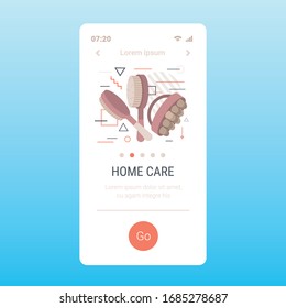 wooden brushes for dry body anti-cellulite massage cellulite treatment dry brushing skincare concept smartphone screen mobile app copy space vector illustration