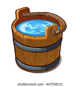 Wooden bucket with clean drinking water. Vector illustration.
