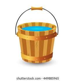  Cubo de madera con agua potable. Ilustración vectorial.