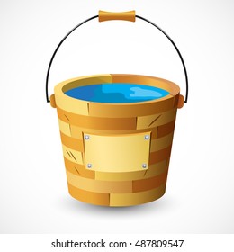 Wooden bucket with clean drinking water isolated on white background.  Vector illustration.