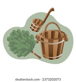Wooden bucket, dipper and oak broom on white background