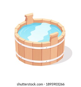 Wooden bucket filled with water. Vector illustration.