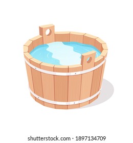 Cubo de madera lleno de agua. Ilustración vectorial.