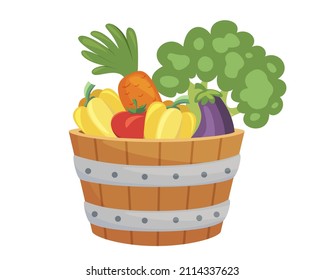 Wooden bucket with fresh fruits vegetables seasonal harvest vector flat illustration. Agriculture crop basket full of vitamin edible plant isolated. Carrot, sweet pepper, tomato, eggplant, cauliflower