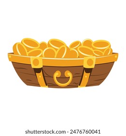 Wooden bucket full of gold coins, vector illustration design elements, pile of gold in a treasure bowl, cartoon clip art image