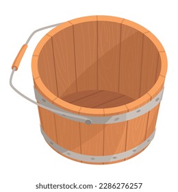 Wooden bucket with handle and without water. Container or empty pail for spa, sauna. Vector illustration isolated on white background