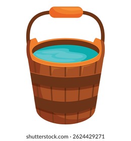 Wooden bucket is holding water with a metal handle and bands