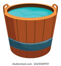 Wooden bucket holding water with metal band and handles