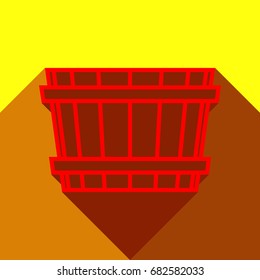 Wooden bucket icon. Wash-tub. Vector. Red icon with two flat reddish shadows on yellow background.