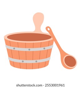 Wooden bucket and ladle for sauna and bath, perfect for water rituals and relaxation.