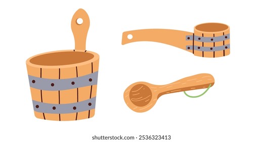 Wooden bucket and ladle, sauna bathing equipment isolated on white color icon. Vector traditional bowl and spoon, bath and shower objects. Bathing accessories, spa and beauty, relaxation and health