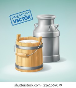 Wooden bucket with milk, milk can container  isolated 3d illustration vector