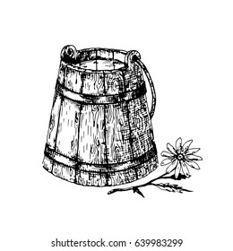Wooden bucket with milk. Farm products. A flower of a camomile. Vector illustration of a sketch. Hand-drawn.