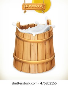 Wooden bucket. Milk. Rustic style. Natural dairy products. 3d vector icon