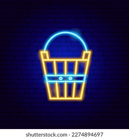 Wooden Bucket Neon Sign. Vector Illustration of Washing Procedure. Clean and Wash. Glowing Led Lamp Promotion.