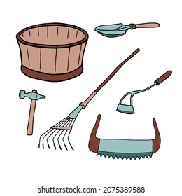 Wooden bucket, rake, hammer, two-handed saw, hand hoe, shovel. Set of garden tools. Doodle illustration. Vector isolated elements for design.