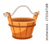 Wooden bucket with rope handle for bathhouse isolated on white background. Bucketful for health procedure. Wood tool for steam room. Appliance for bath mood. Sauna equipment. Body cleaning, hygiene