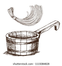 Wooden bucket and a sponge for washing, for Russian bath for body hygiene. Set of accessories for bath, sauna. Hand drawing in sketch style. Isolated object on white background.