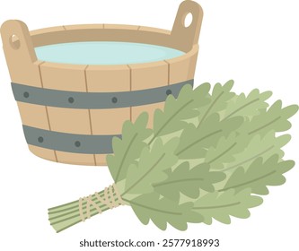 Wooden bucket with water and broom of oak leaves for sauna. Bath accessories isolated on a white background