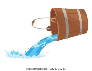 Wooden bucket with water and handle. Container with flowing water for spa, sauna. Liquid pouring with splash. Vector illustration isolated on white background