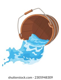 Wooden bucket with water and handle. Container with flowing water for spa, sauna. Liquid pouring with splash. Vector illustration isolated on white background