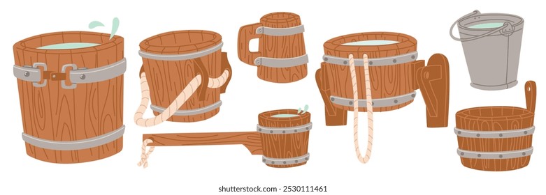 Wooden buckets, buckets, barrels with and without water. container with running water, an empty bucket for a spa, sauna. An iron bucket, wooden ones with a rope. Items for storing water. illustration