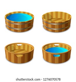 Wooden buckets with clean drinking water.  Empty bowl or pelvis. Vector illustration isolated on white background.