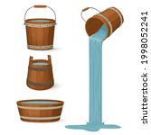 Wooden buckets and a tub filled with water. Liquid pouring with a splash. Cartoon style illustration. Vector.