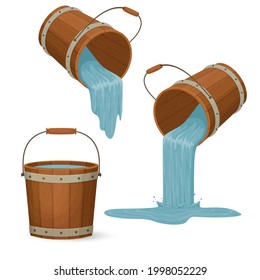 Wooden buckets with water. Liquid pouring with a splash. Cartoon style illustration. Vector.