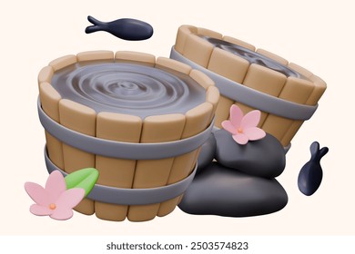 Wooden buckets with water, pink flowers, stones, fish. Set of vector 3D elements